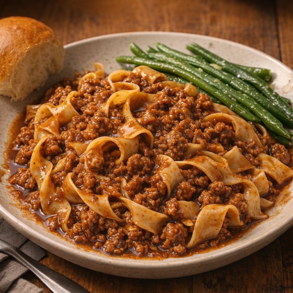 Serving of pork noodles with green beans on the side