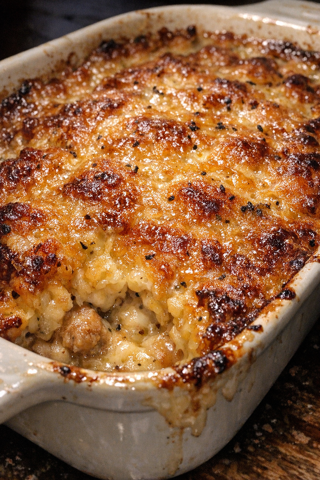 Golden crusted casserole in a ceramic baking dish