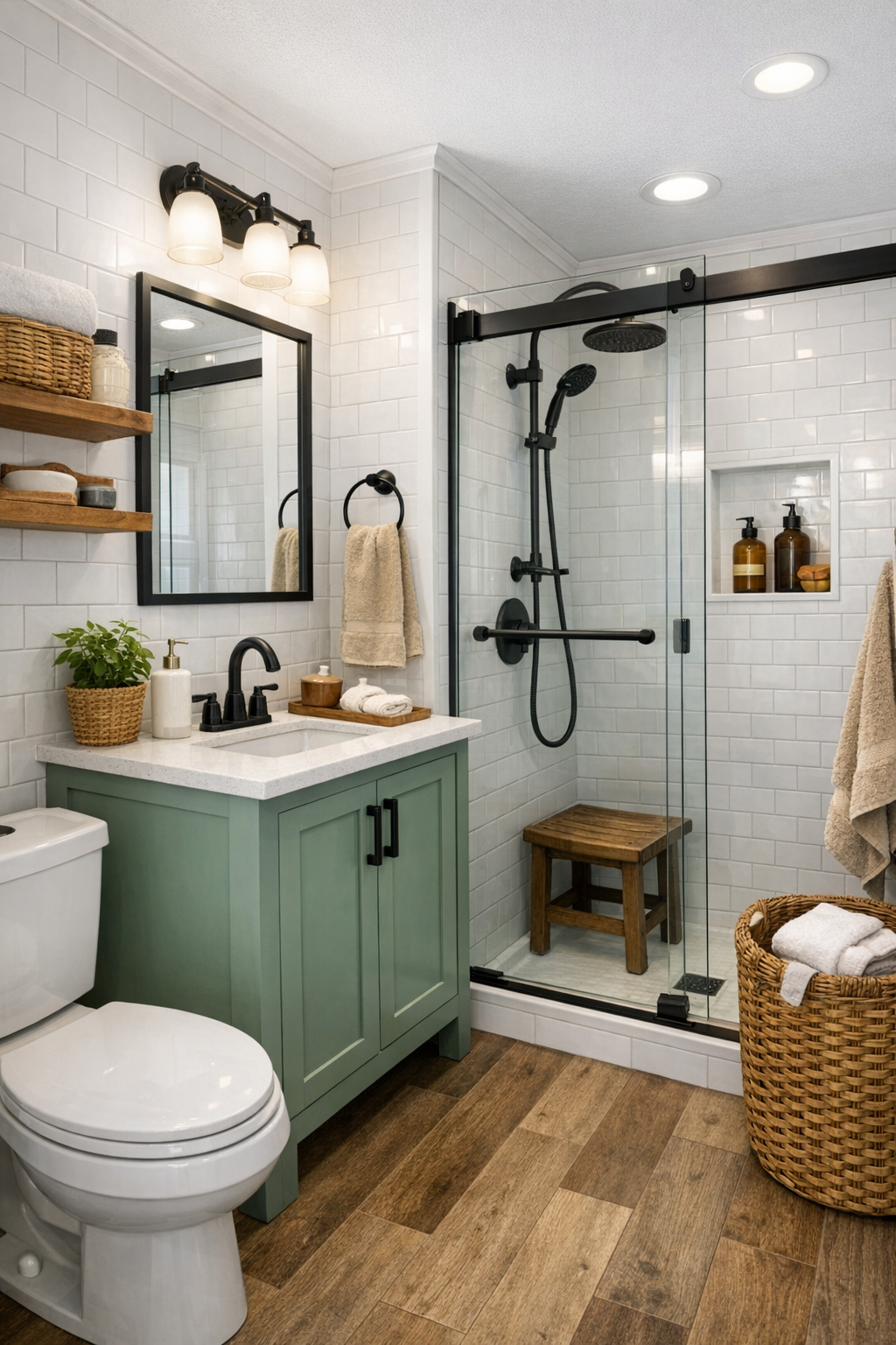 Bright compact bathroom with white tile, a painted vanity, and warm wood accents