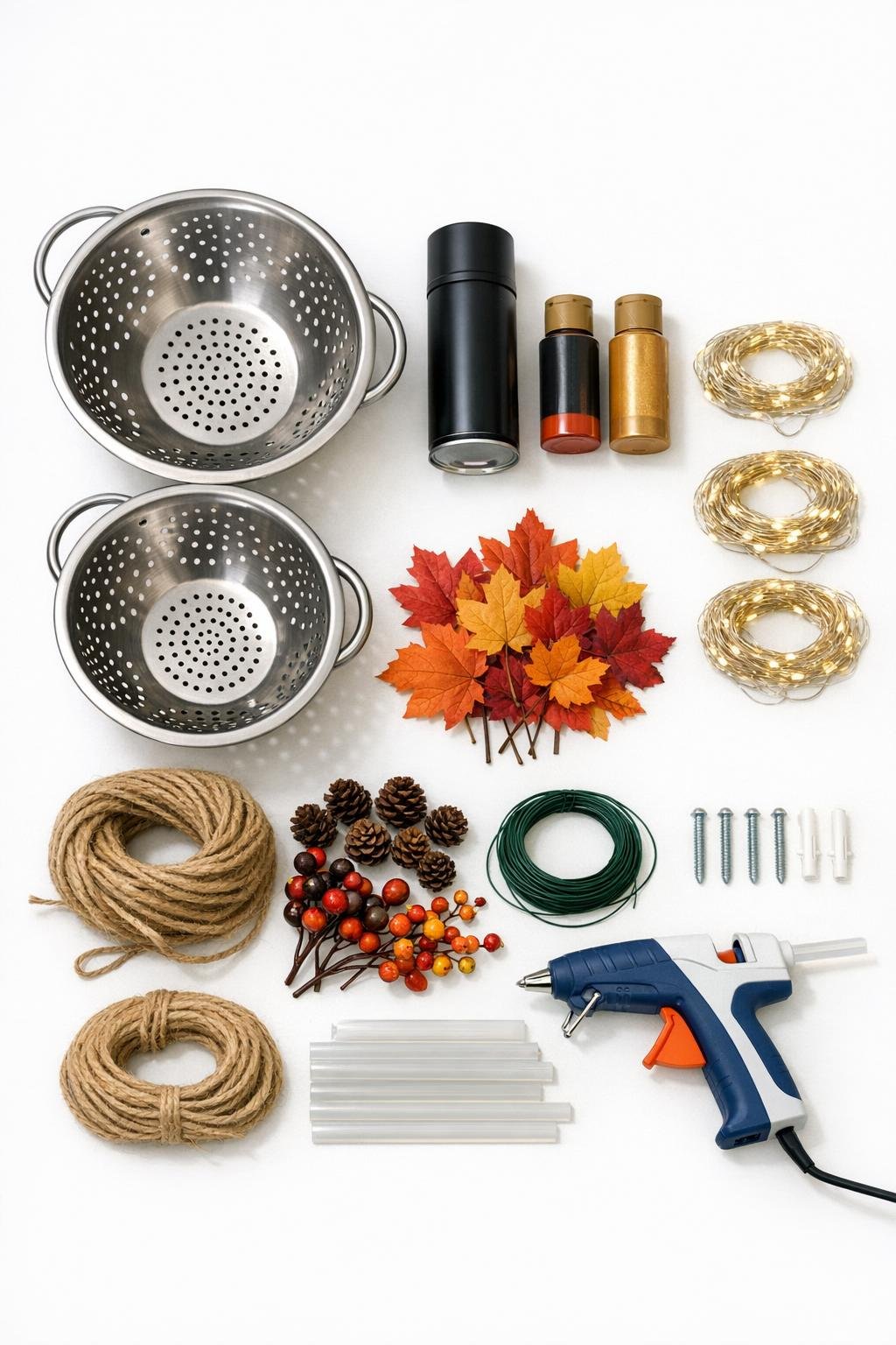 Materials laid out for an autumn wall sconce made from old metal colanders