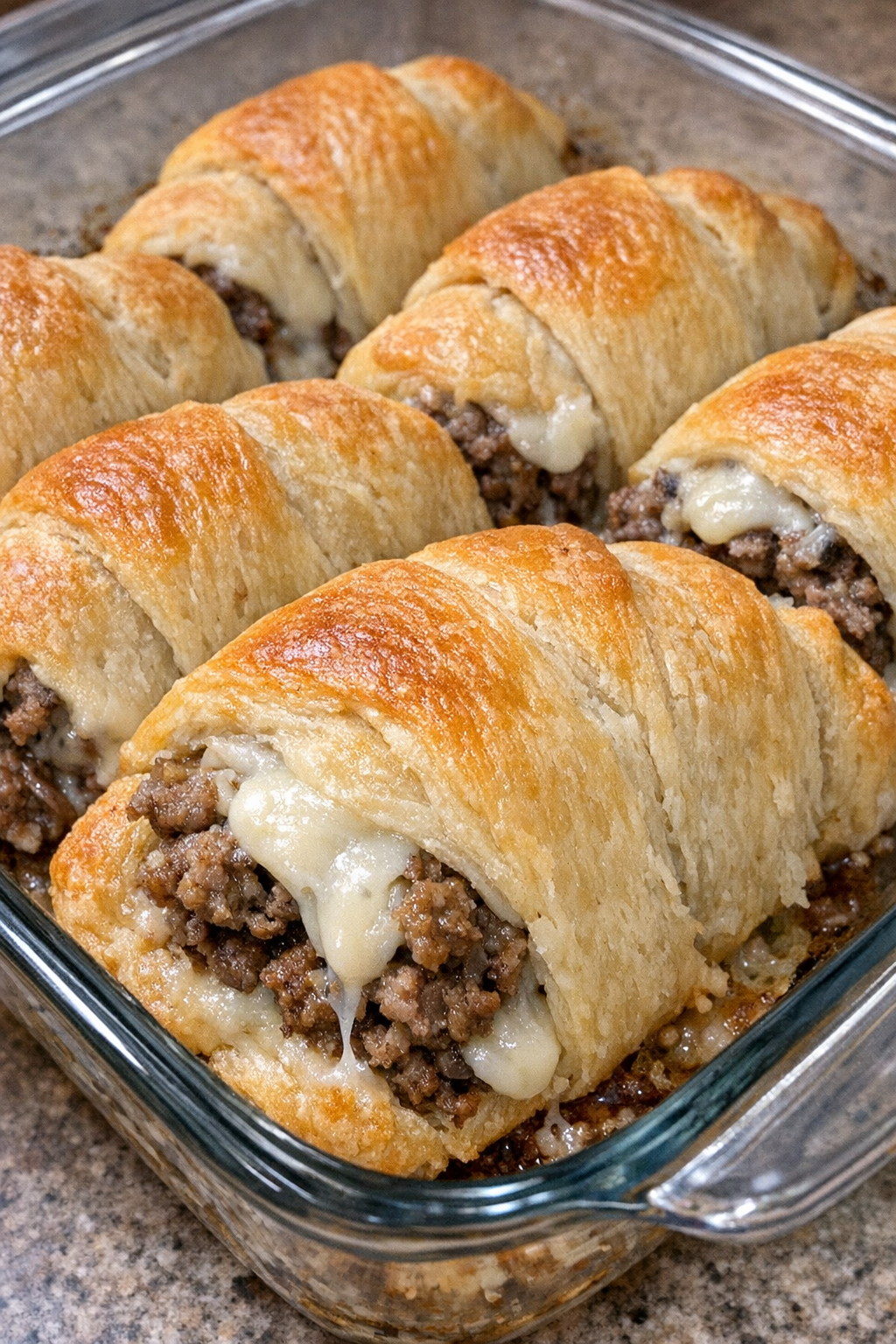 Golden beef crescent scrolls baked in a casserole dish
