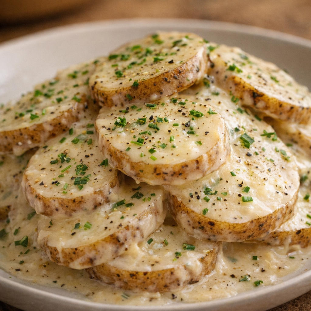 Finished slow cooker potatoes with herbs and black pepper