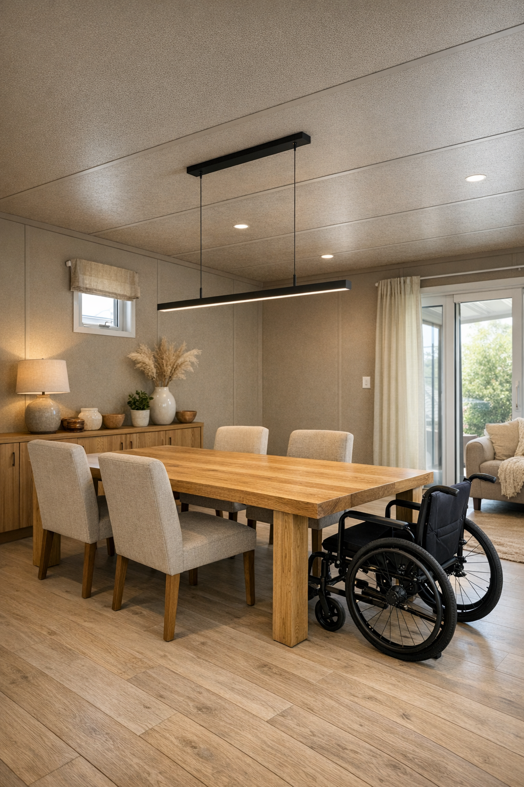 Accessible dining room with oak table, upholstered chairs, and soft taupe tones