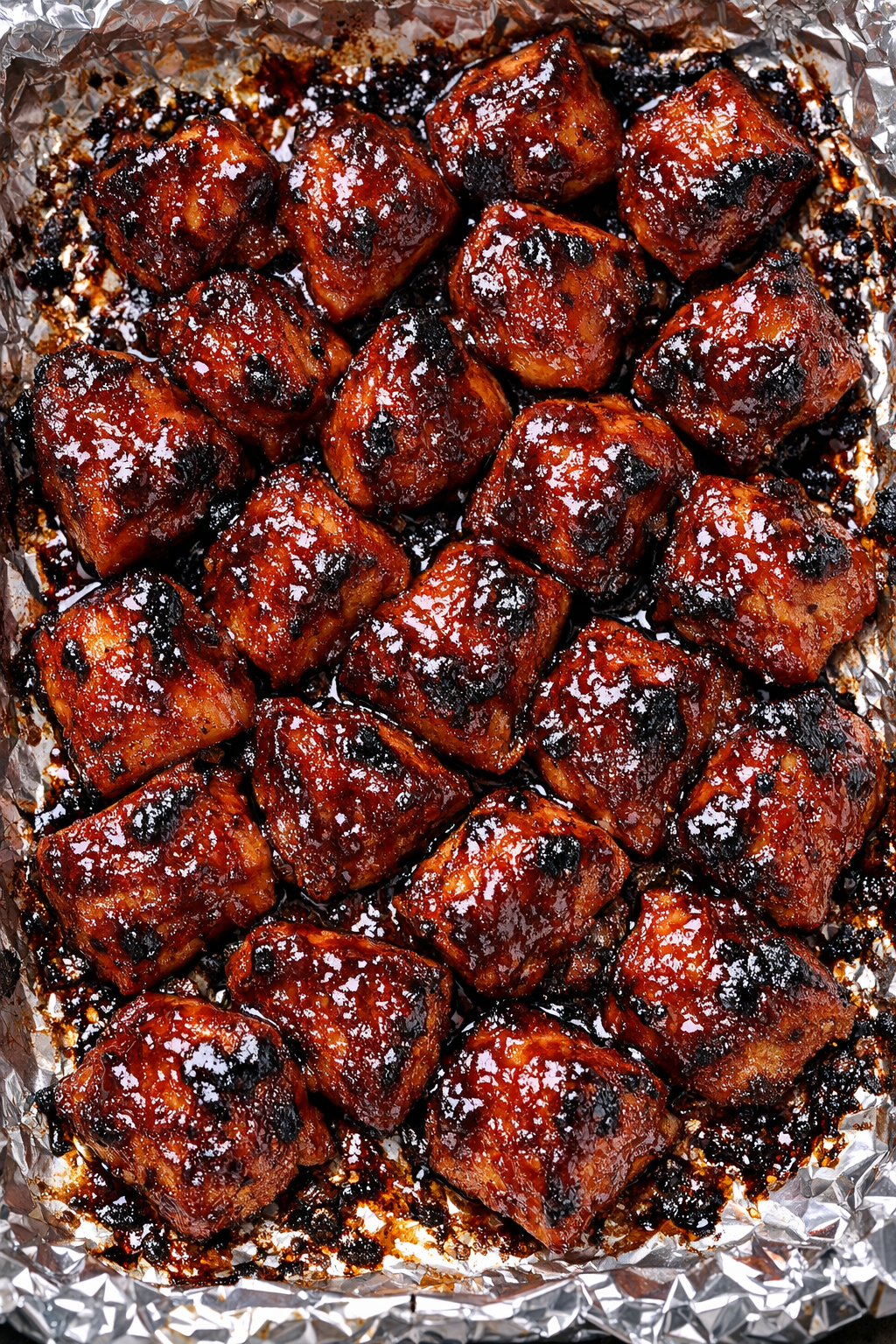 Low carb 3-ingredient BBQ chicken bites on a foil-lined baking tray