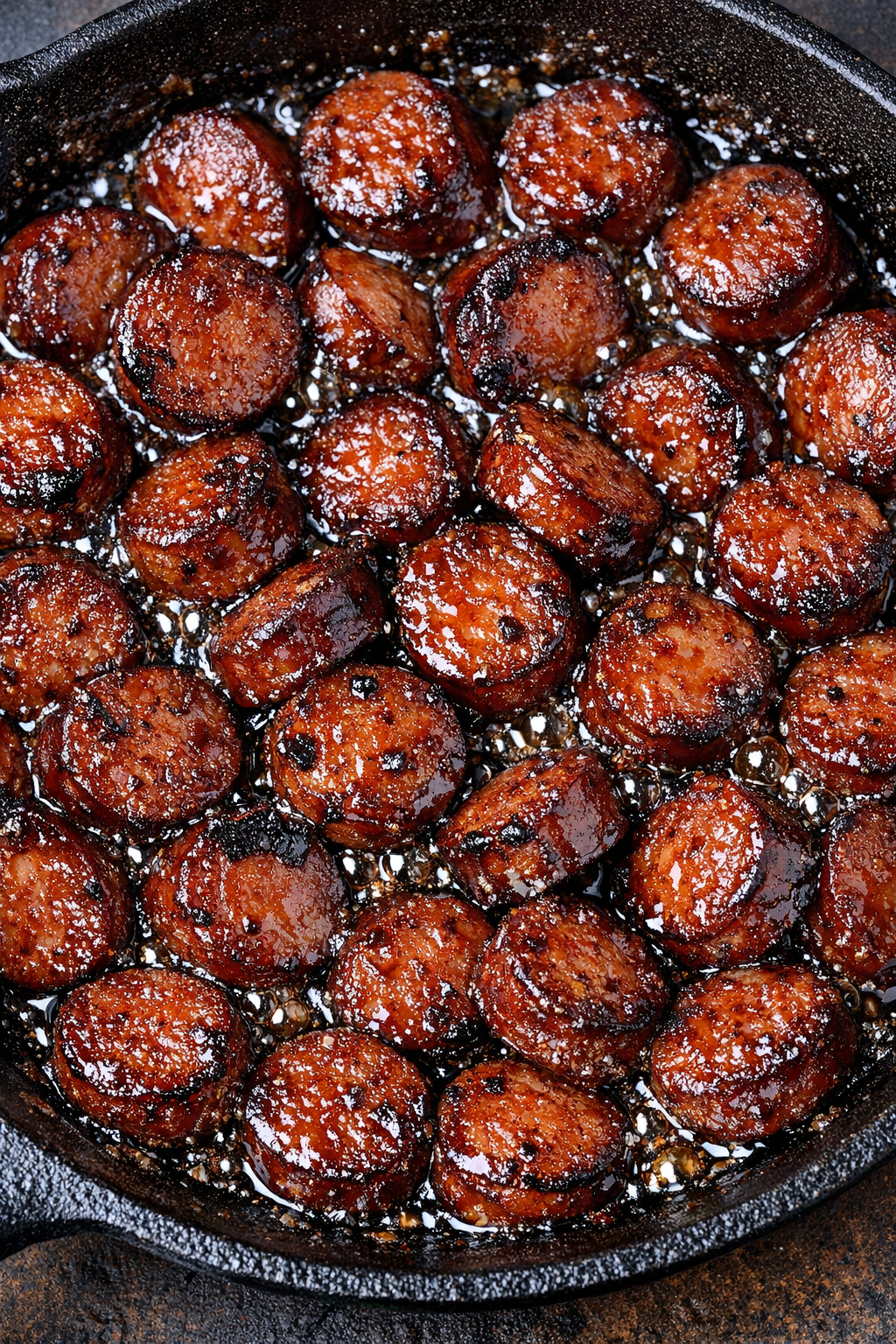 Southern glazed kielbasa bites in a cast iron skillet