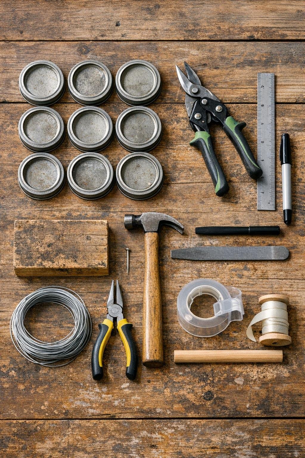Old jar lids, tin snips, wire, nail, wood block, and finishing supplies laid out for a punched-tin star tree topper