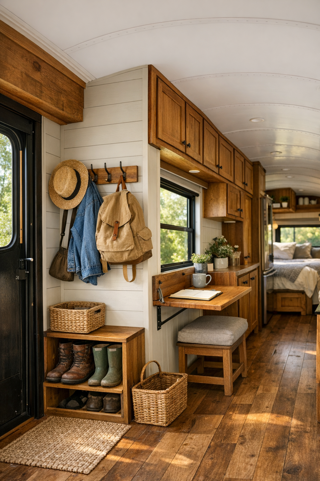 Smart entry and corridor area in the bus with storage hooks, overhead cabinets, and a fold-down desk