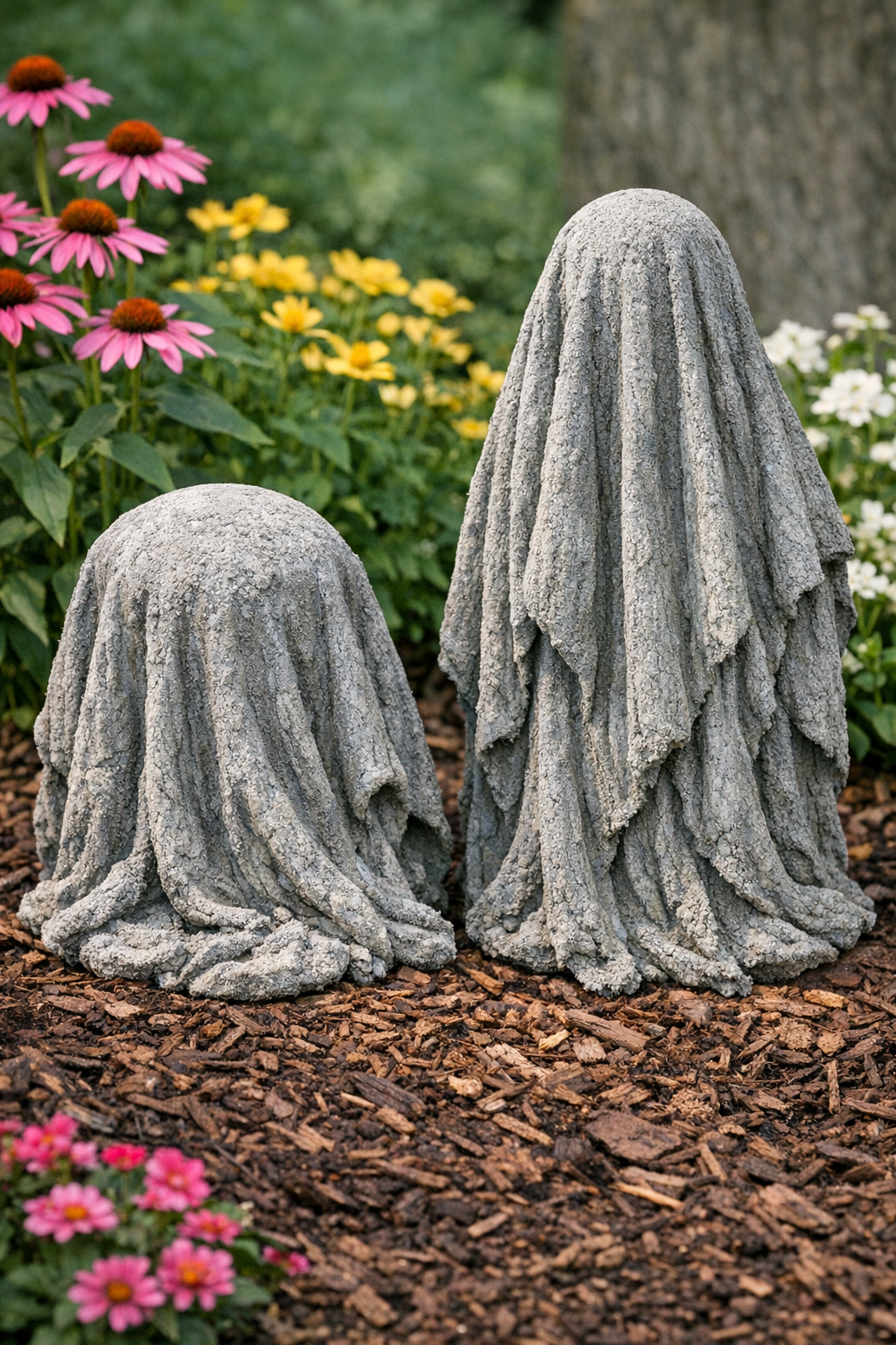 Two finished faux stone yard structures made from cement-soaked bath towels