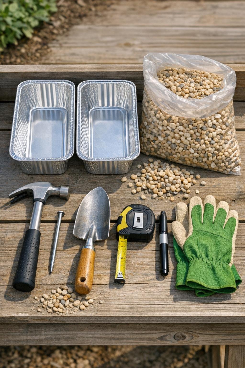 Materials for the aluminum loaf pan raised bed heat sink laid out together