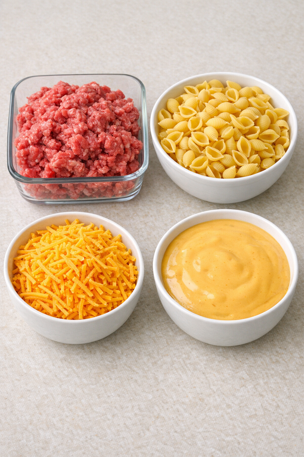 Ground beef, pasta shells, cheddar, and cheese soup ingredients