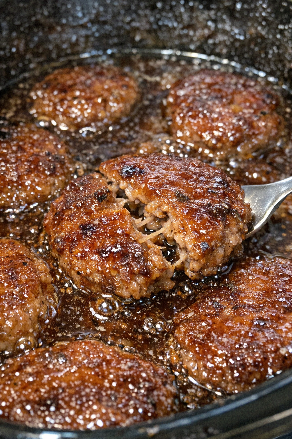 Slow cooker sausage patties in dark amber glaze