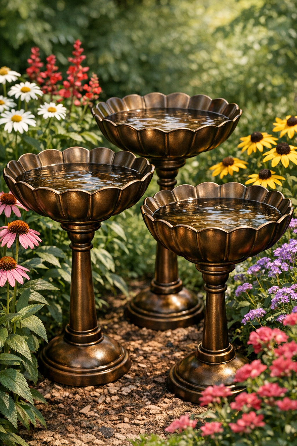 Finished antique bronze backyard birdbaths made from bowls and plungers