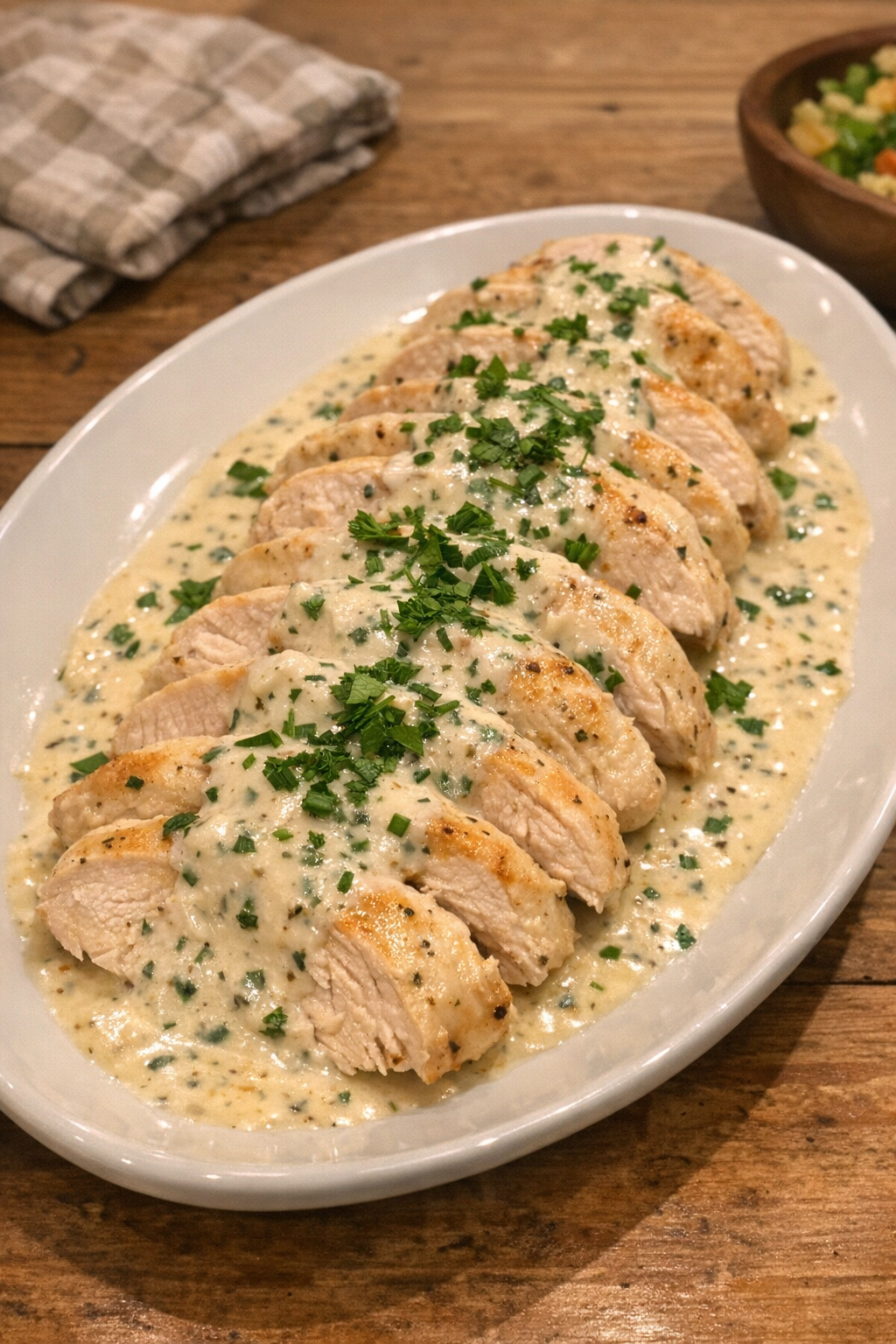 Finished creamy garlic chicken plated on a white ceramic platter