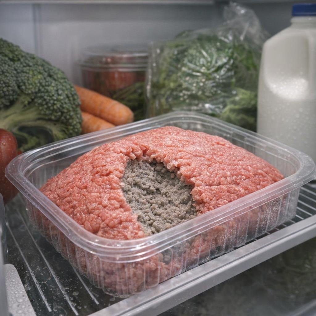 Ground beef package on a refrigerator shelf next to other groceries