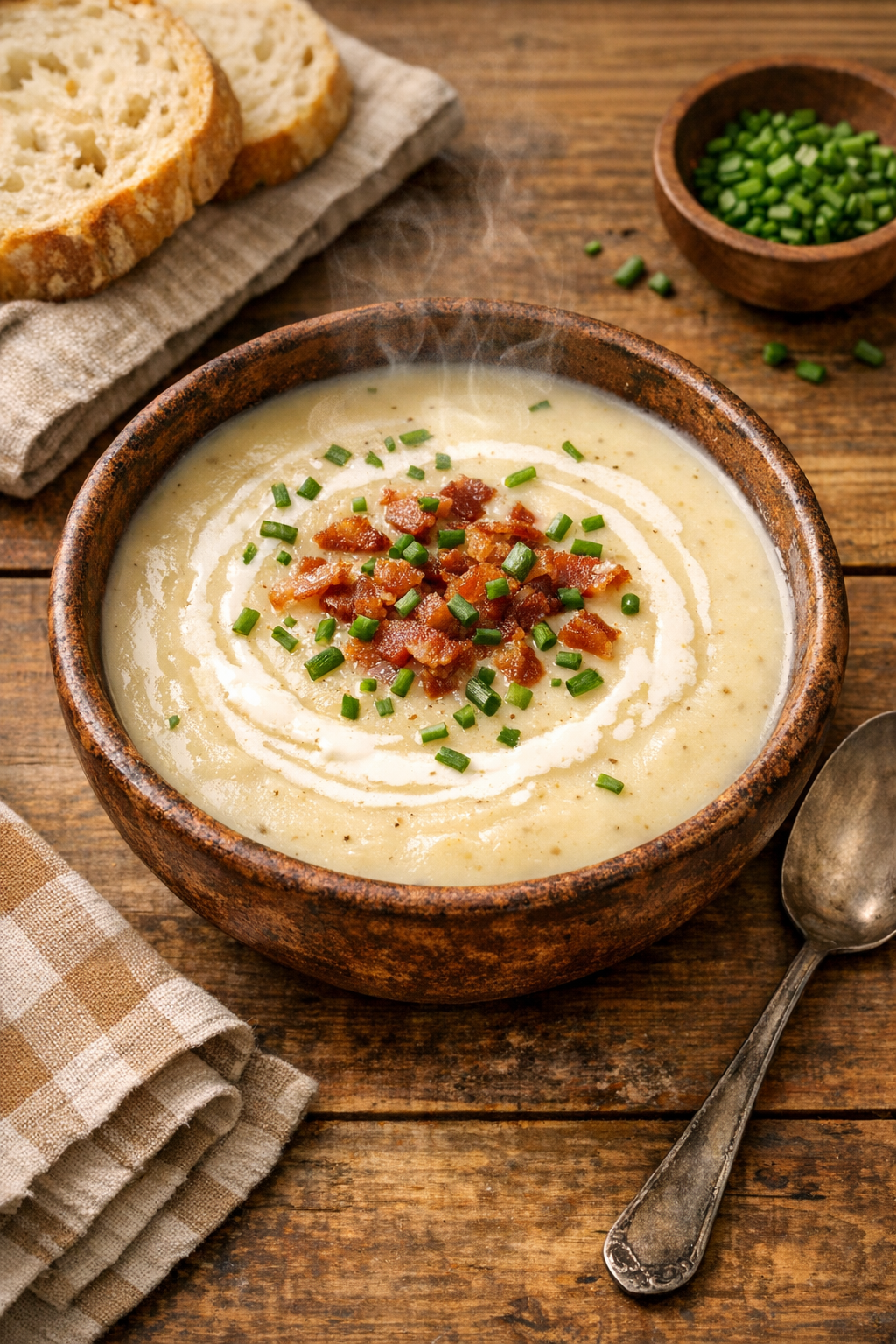 Finished bowl of velvety creamy potato soup