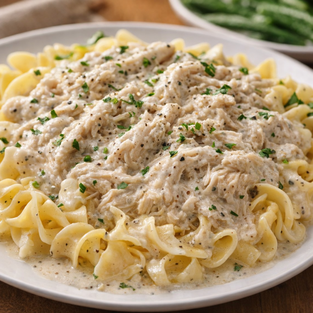 Creamy chicken served over egg noodles on a dinner plate