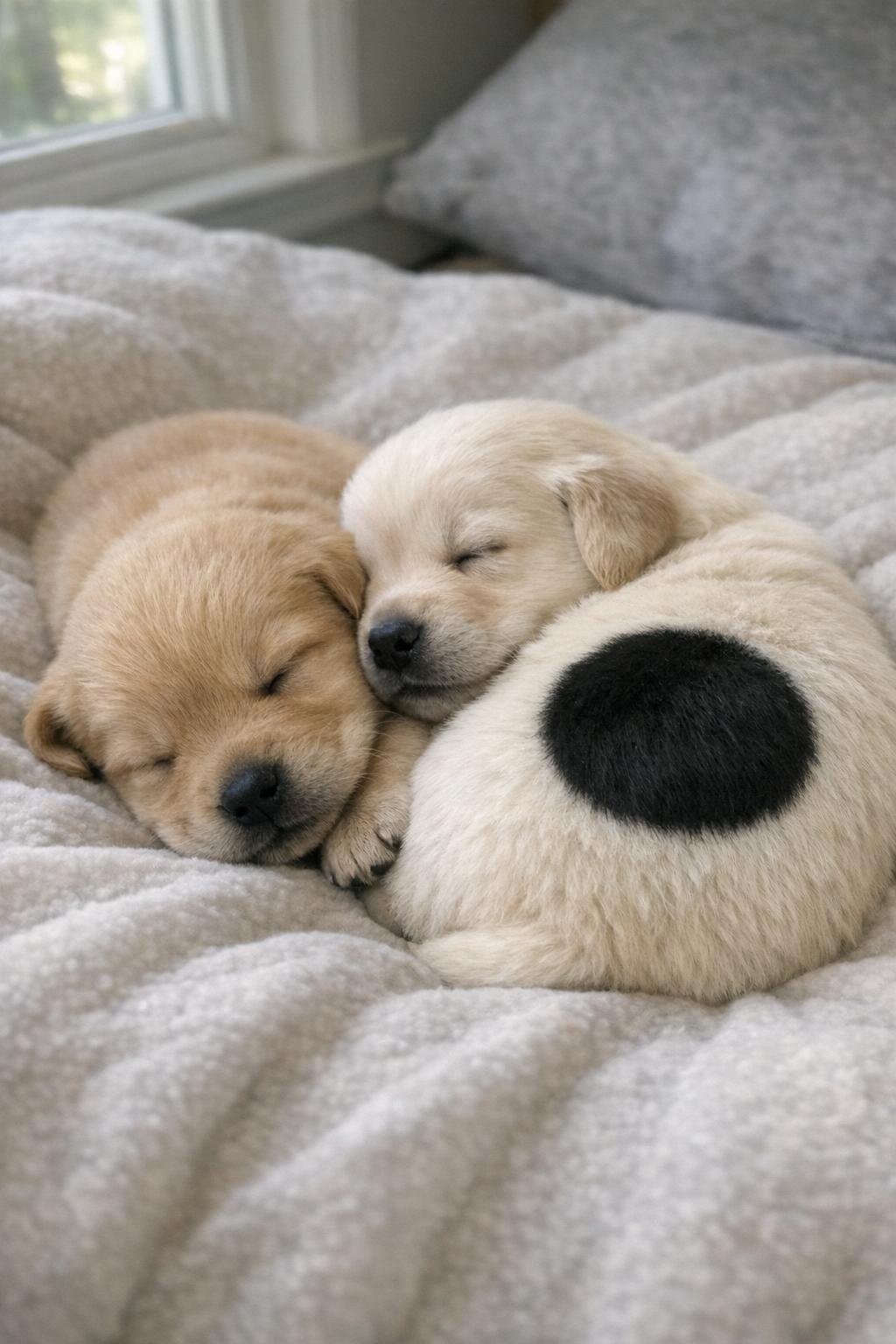 Golden retriever puppy with a round black patch sleeping beside a solid golden littermate