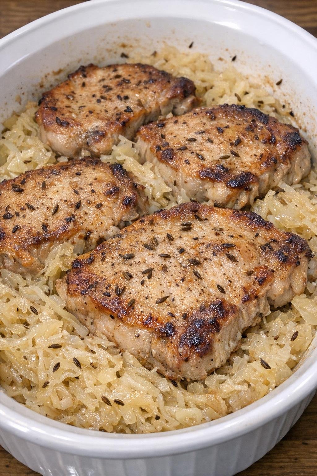 Golden brown pork chops with sauerkraut in a white oval casserole dish