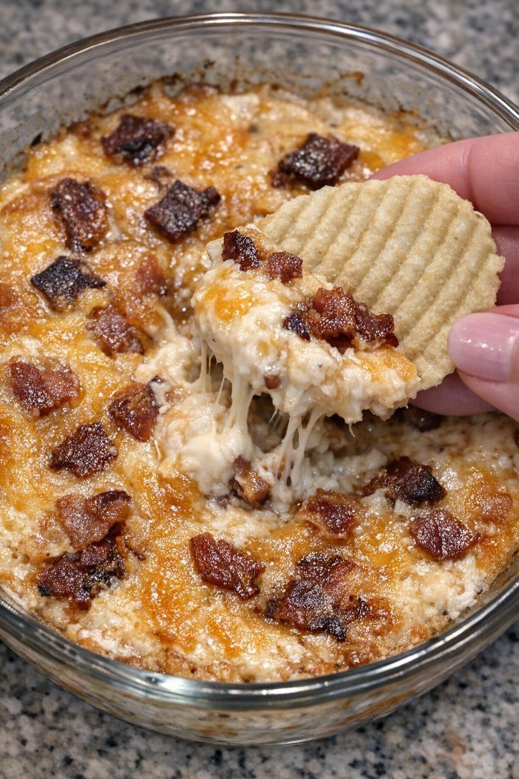 3-ingredient bacon Prescott dip in a glass bowl with a ridged chip scooping the creamy center