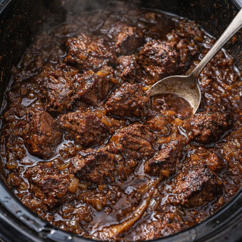 Cooked beef in dark glossy onion gravy
