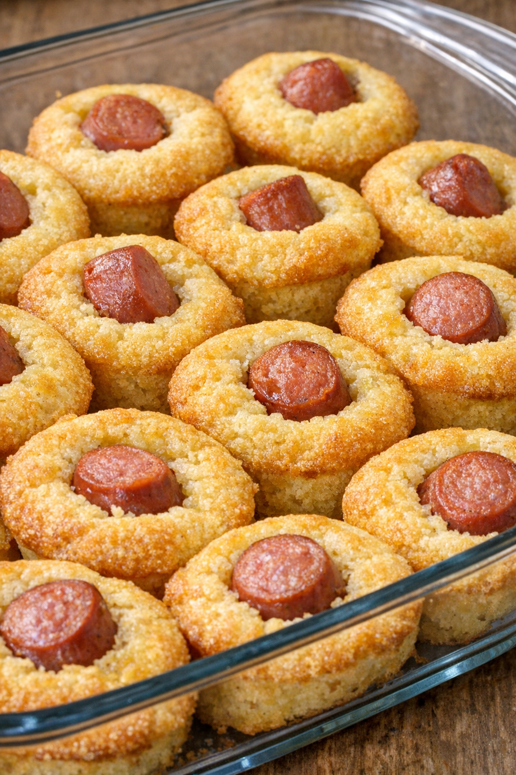 Southern 3-ingredient corn dog bites in a glass casserole dish