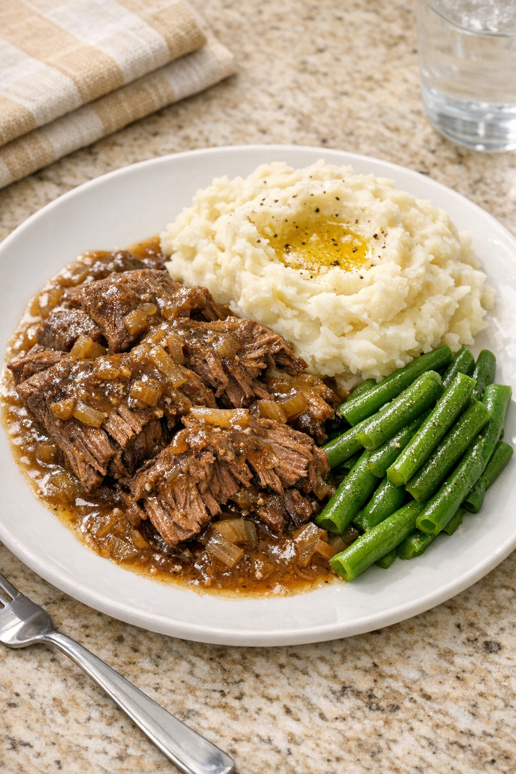 Finished Amish onion soup beef plated with gravy