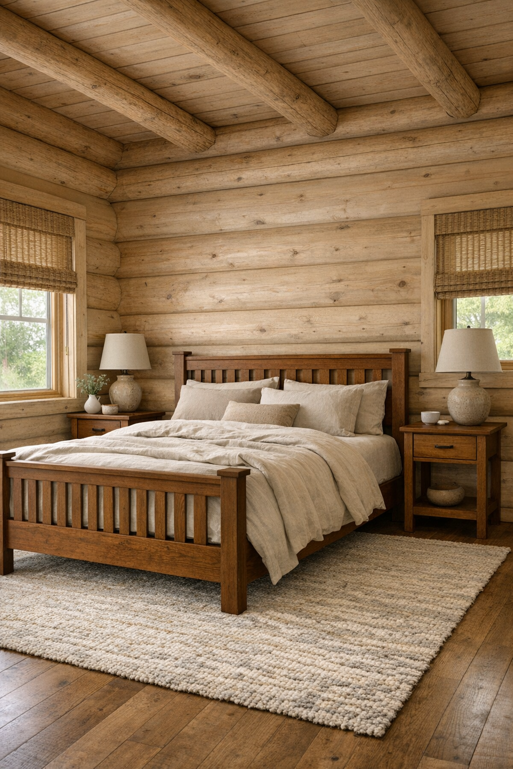 Peaceful log home bedroom with handcrafted wood bed and layered neutral textiles