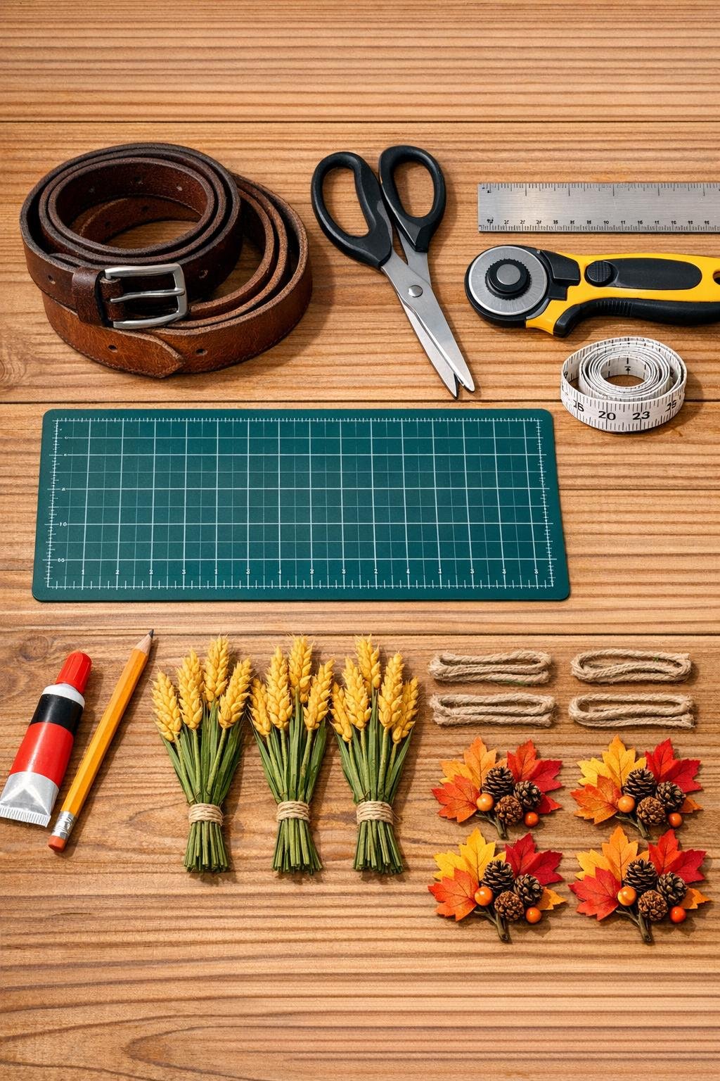Old leather belts and craft supplies laid out for making napkin rings