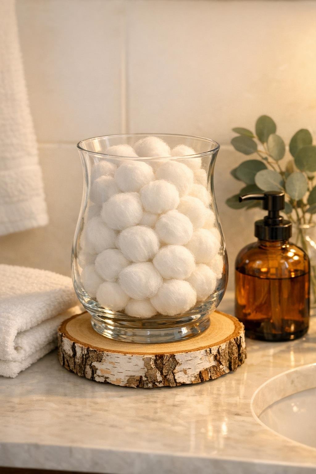 Finished rustic cotton jar styled in a small bathroom