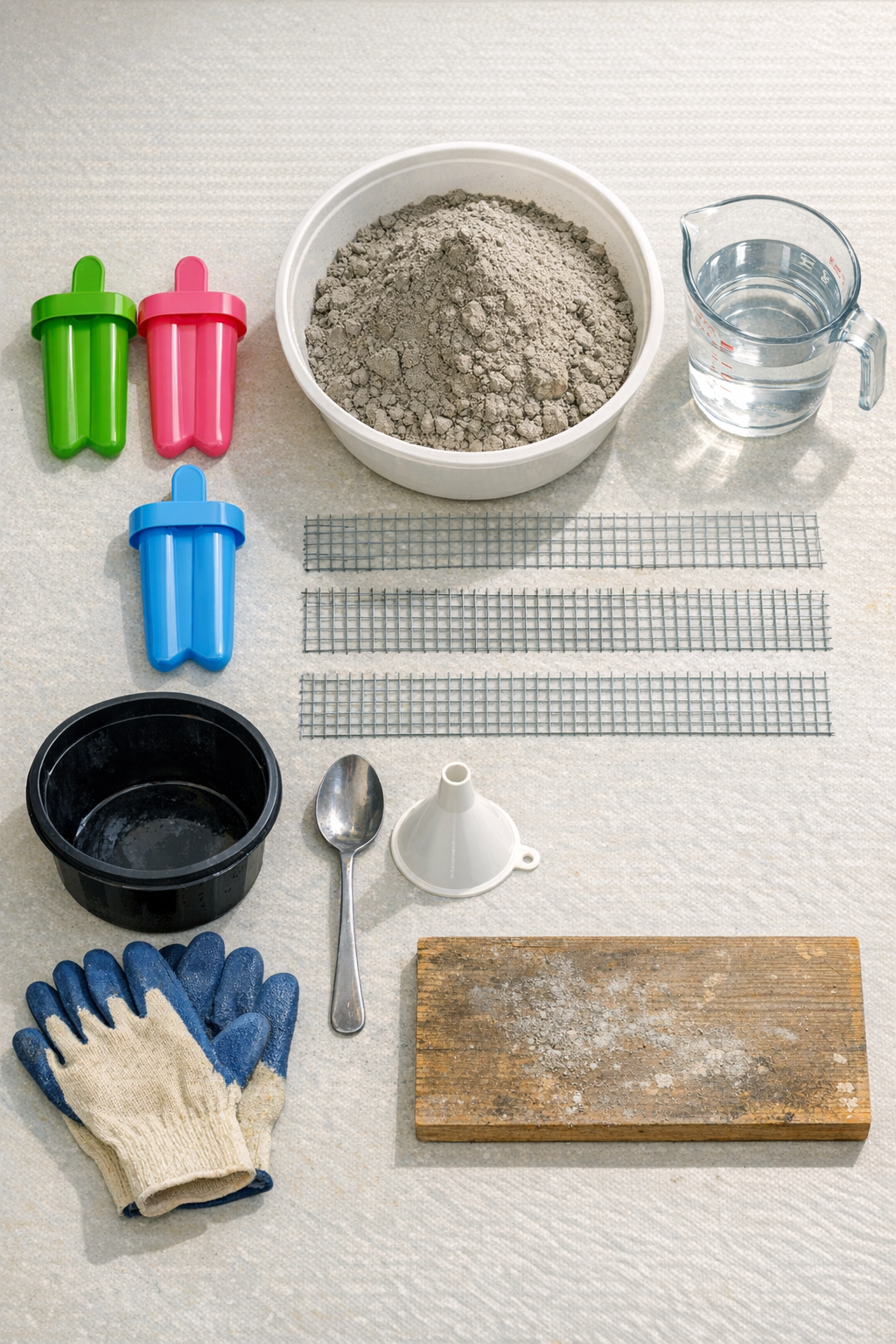 Materials for making cement garden stakes laid out on a table
