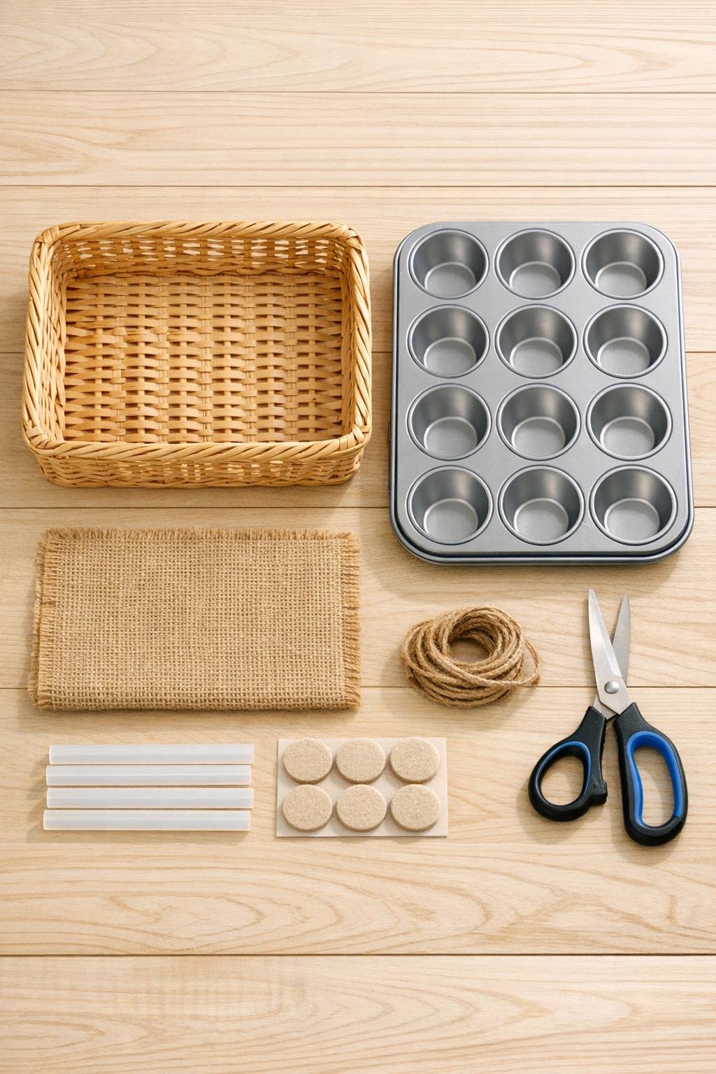 Materials for a wicker basket and muffin tin coffee pod drawer