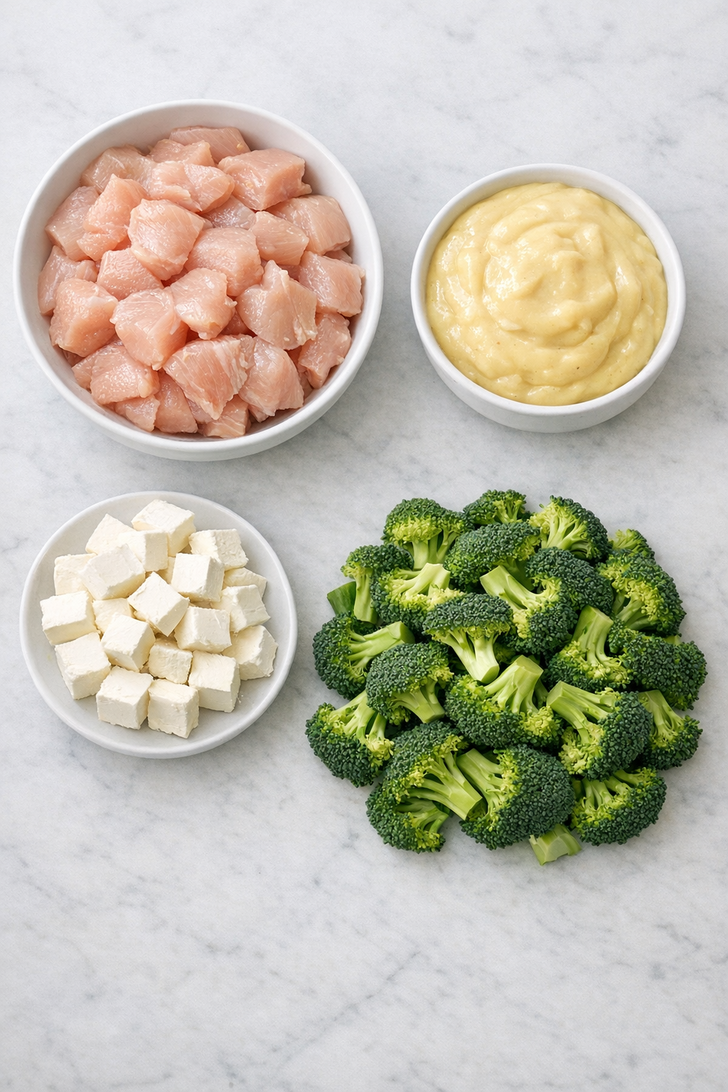 Chicken, broccoli, soup, and cream cheese on a counter