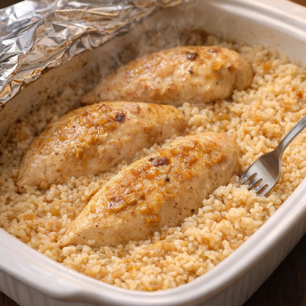 Freshly baked chicken and rice resting after coming out of the oven