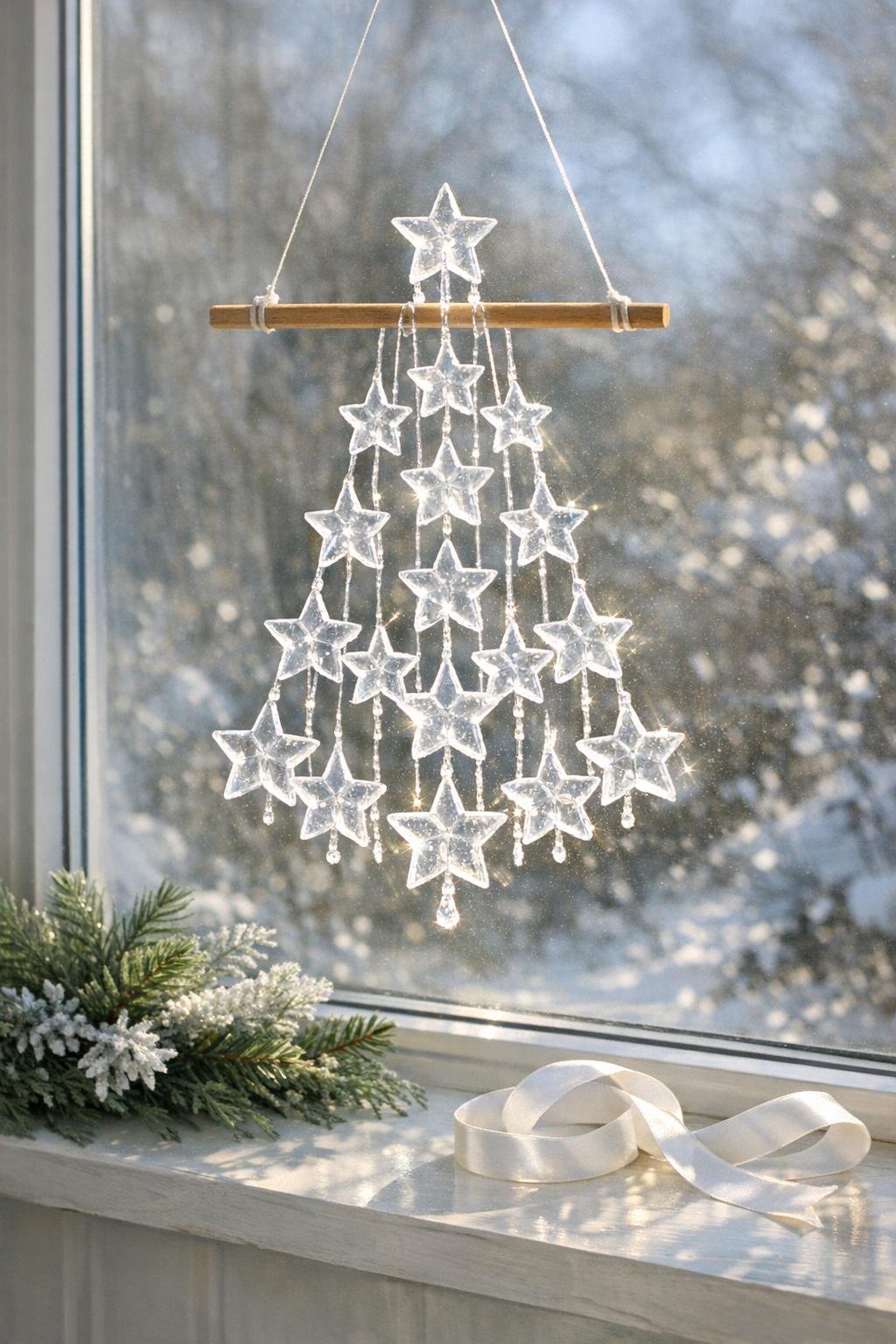 Finished hanging window decoration made from clear hot glue stars