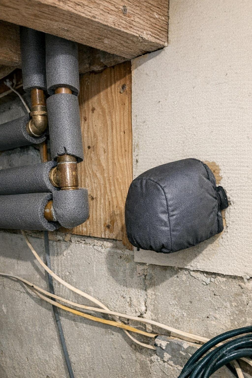 Exposed pipes with foam insulation and an outdoor hose bib prepared for winter