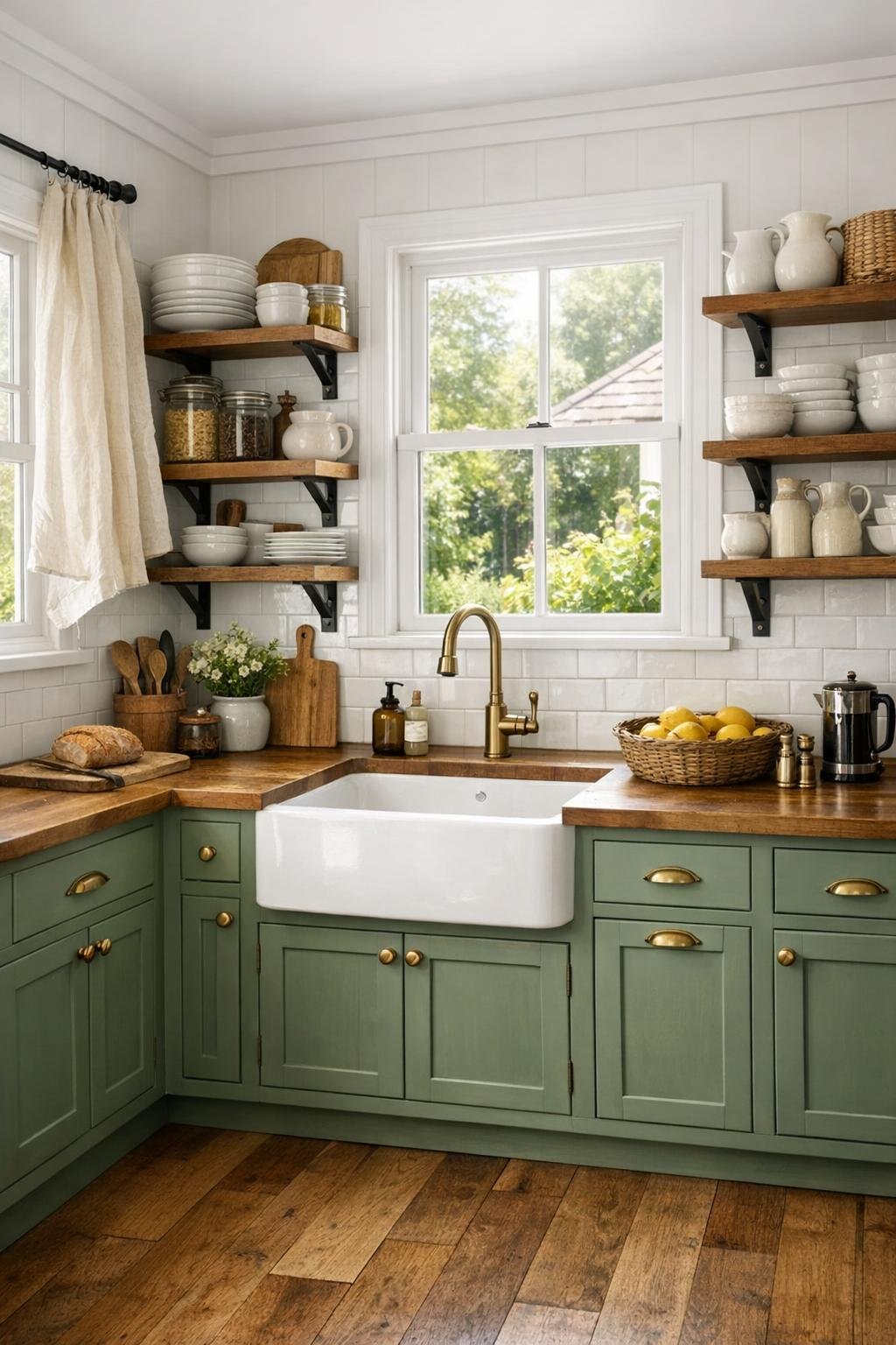 Compact sage green cottage kitchen with butcher-block counters