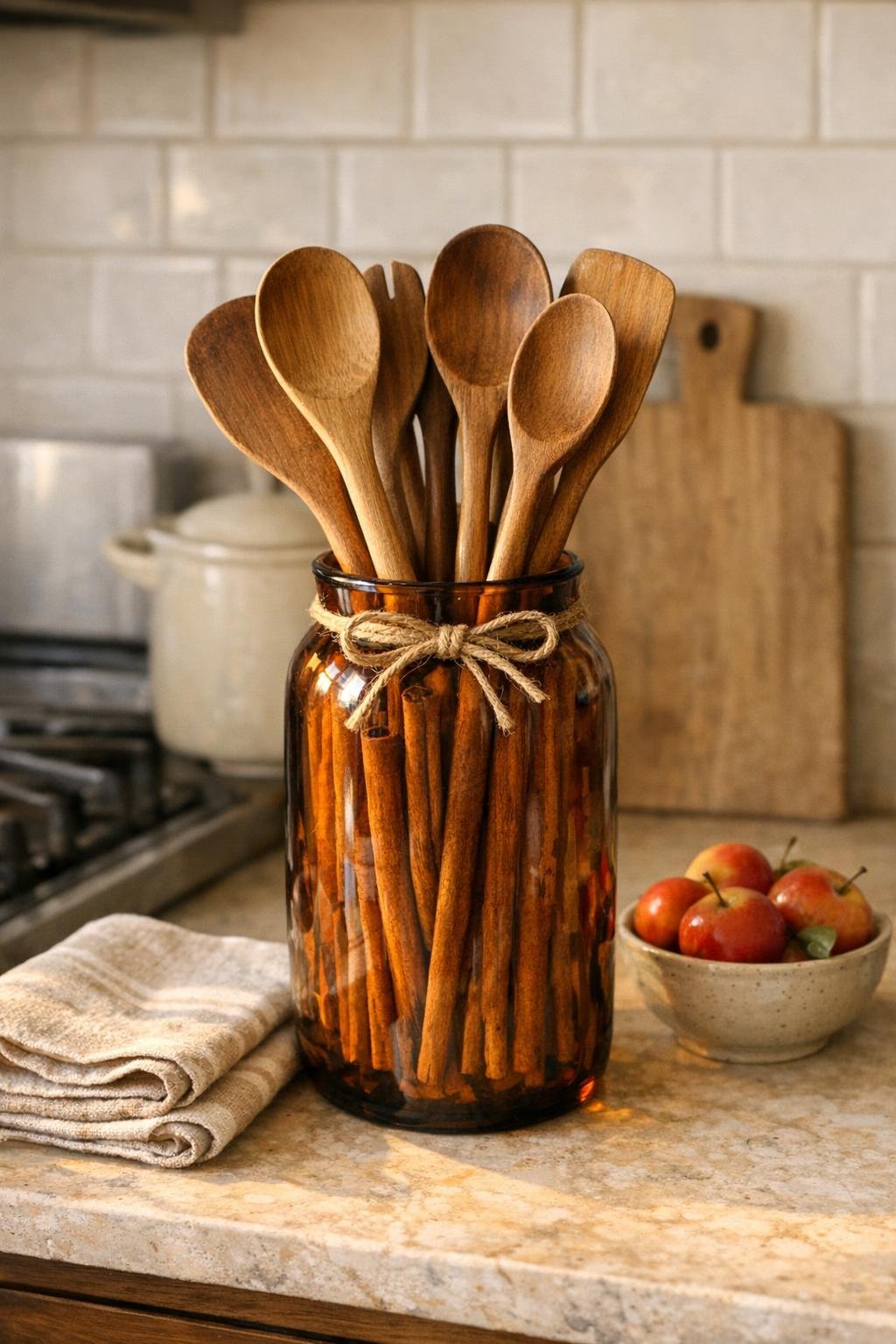 Finished amber glass vase kitchen utensil crock with cinnamon sticks and wooden spoons