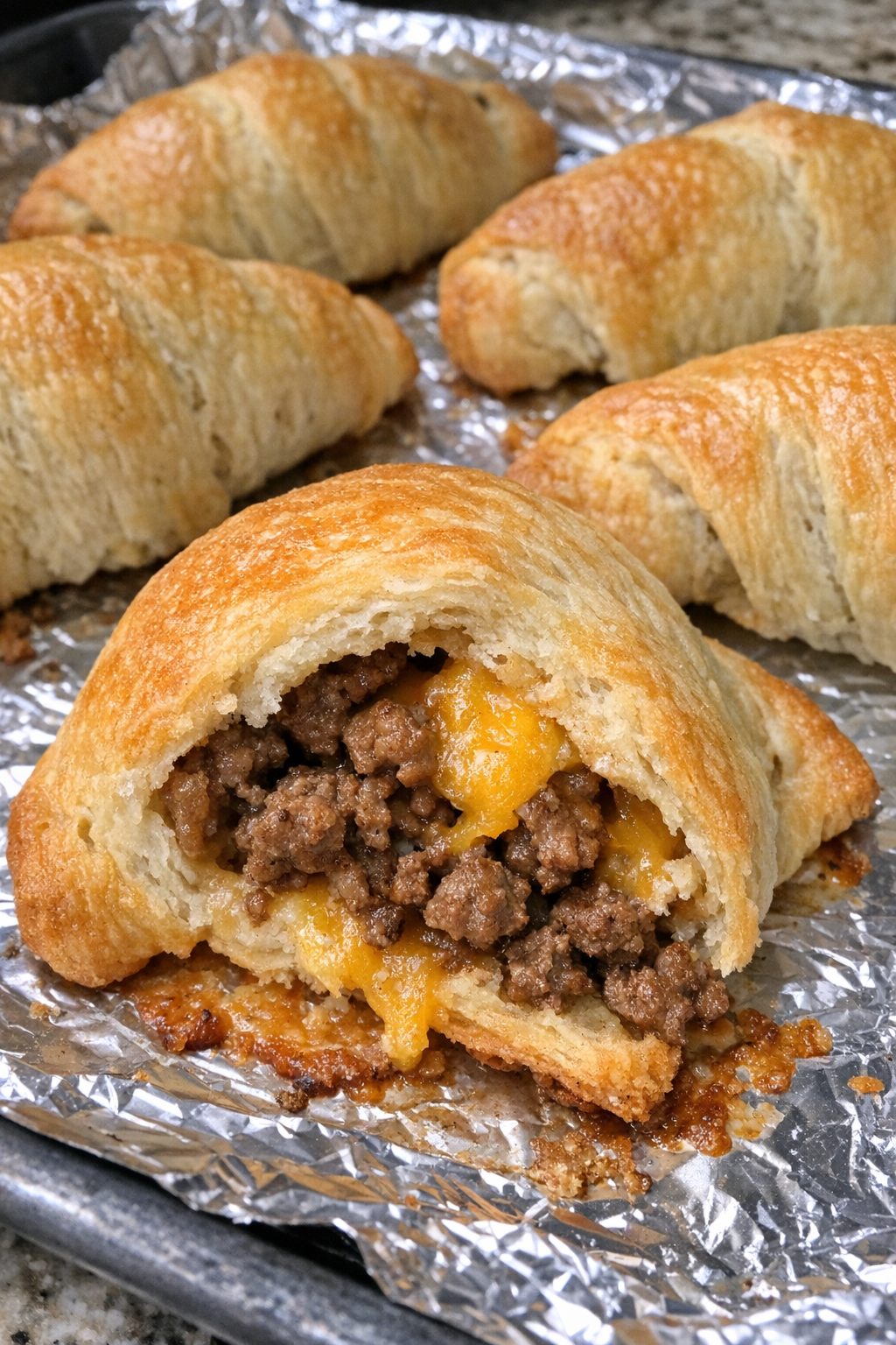 Golden brown beef crescent empanadas fresh from the oven