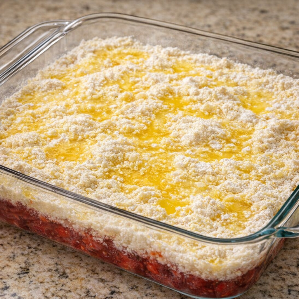 Dry cake mix and melted butter layered over raspberry filling