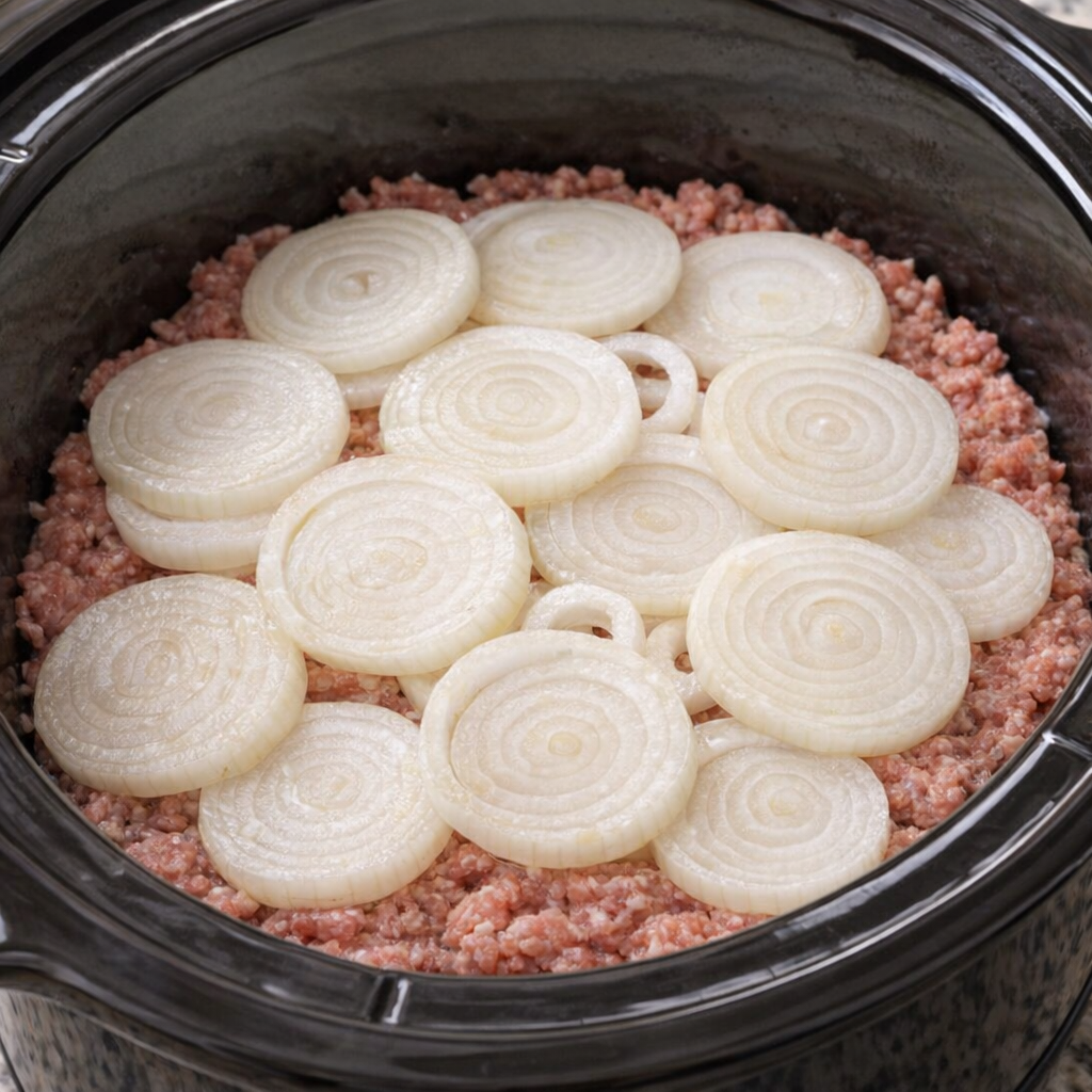 Onions layered over seasoned ground beef in a slow cooker