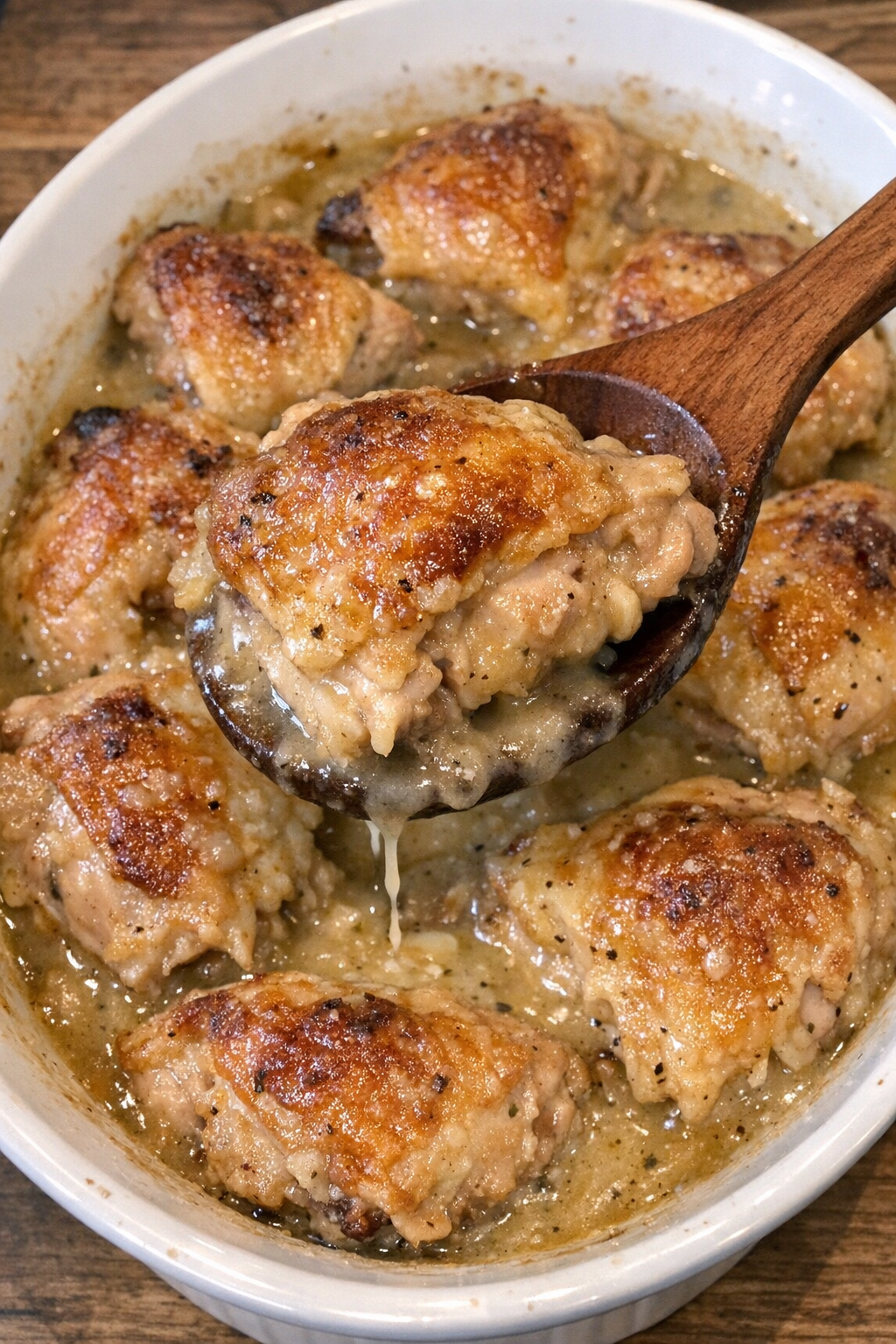 Tender baked chicken in savory gravy in a white serving dish