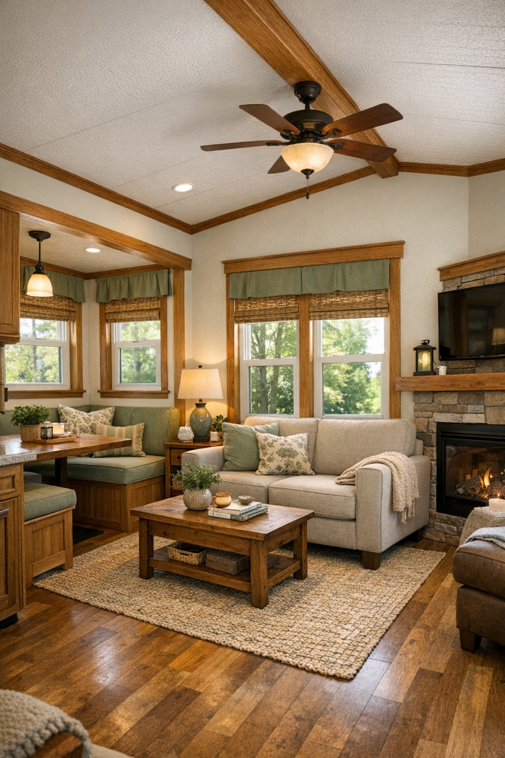 Cozy craftsman RV living room with sage accents, warm wood, and built-in seating