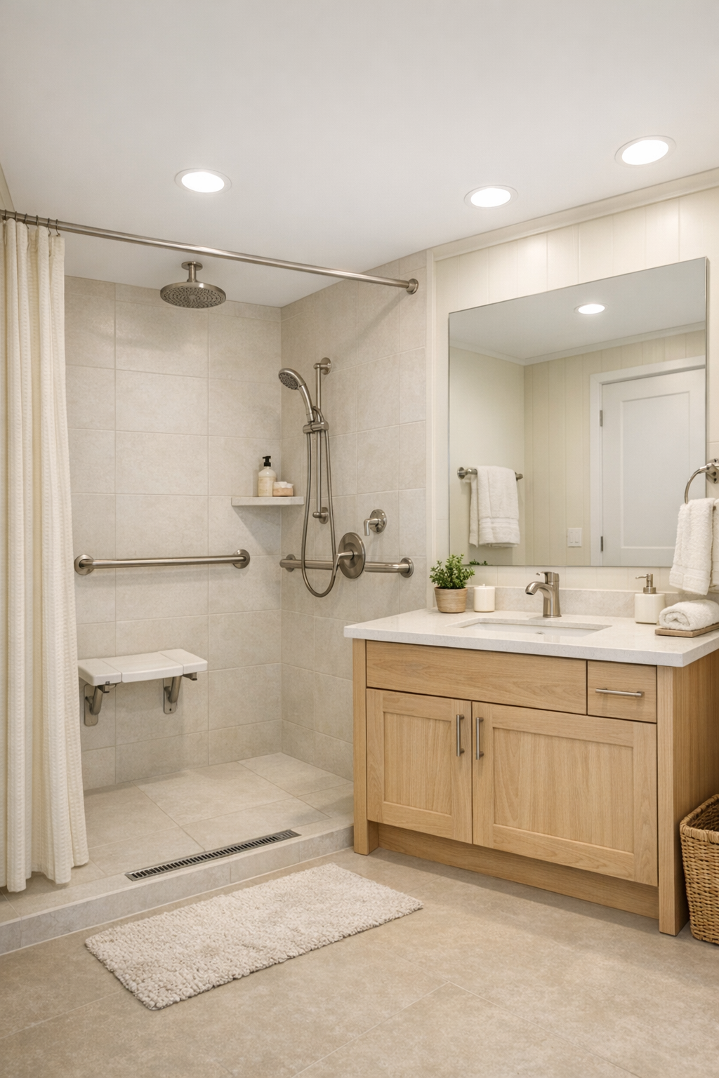 Accessible bathroom with walk-in shower, pale tile, and light wood vanity