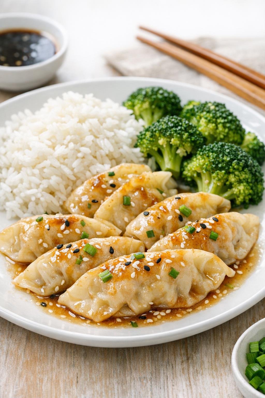 Plated slow cooker potstickers with simple sides