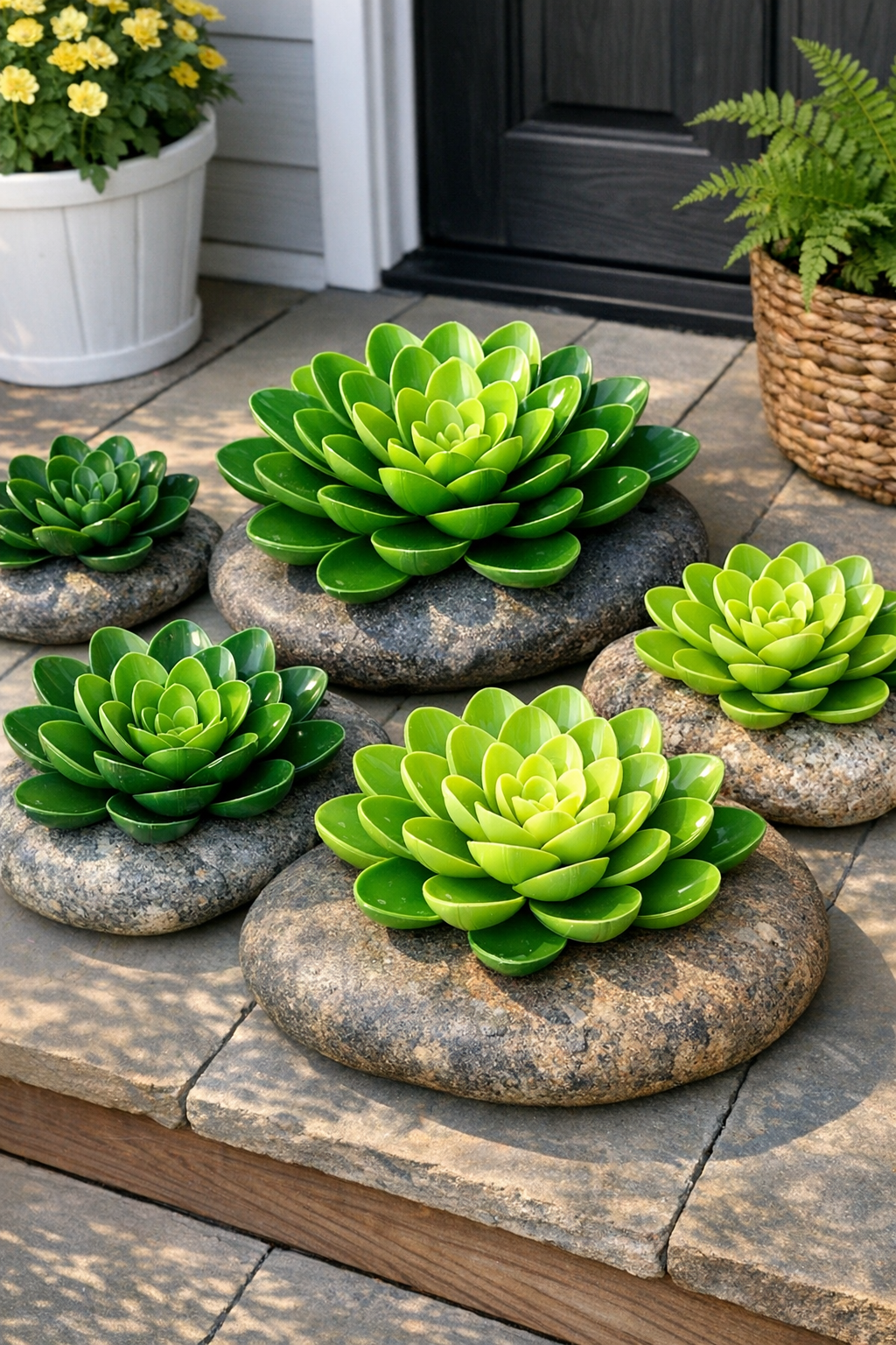 Five finished giant porch succulents made from green plastic spoons on flat river rocks