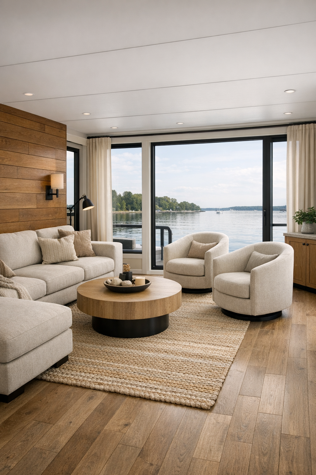 Bright living room with lake views, neutral seating, and warm wood finishes