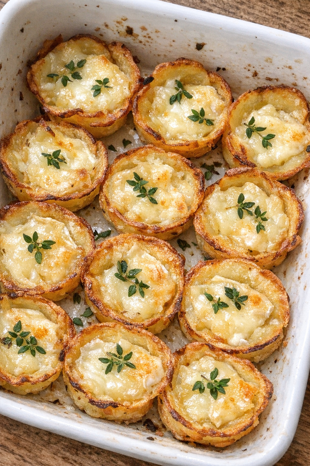 Golden potato tartlets with melted camembert and thyme in a white baking dish