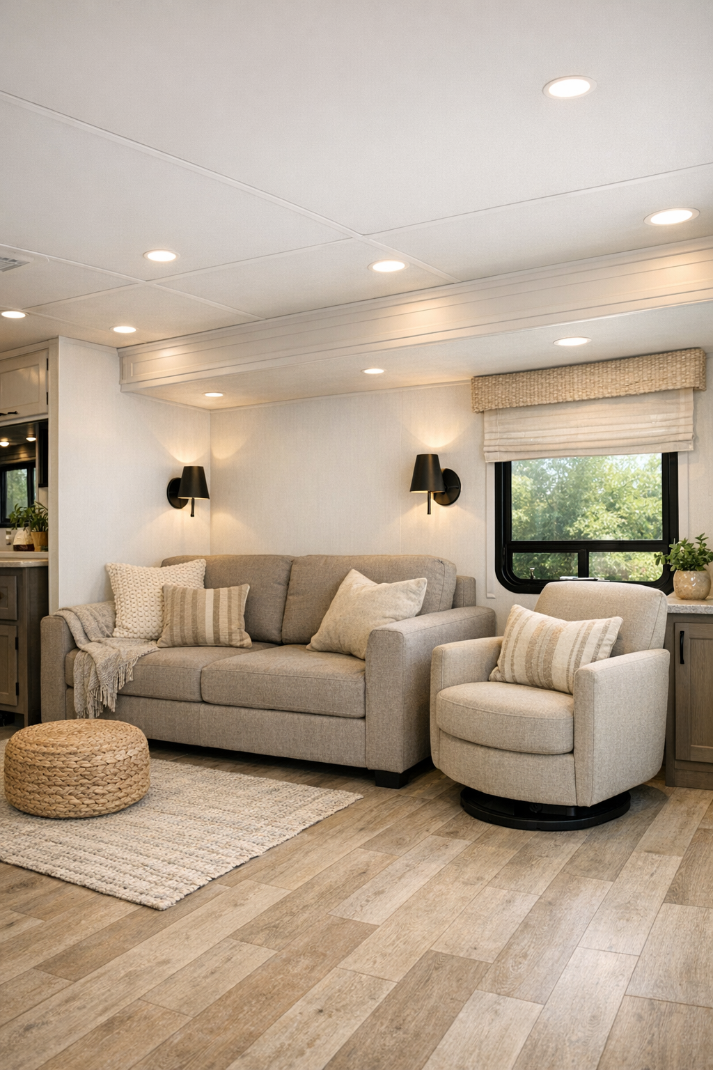 Bright accessible RV living room with pearl white walls, greige sofa, and pale wood flooring