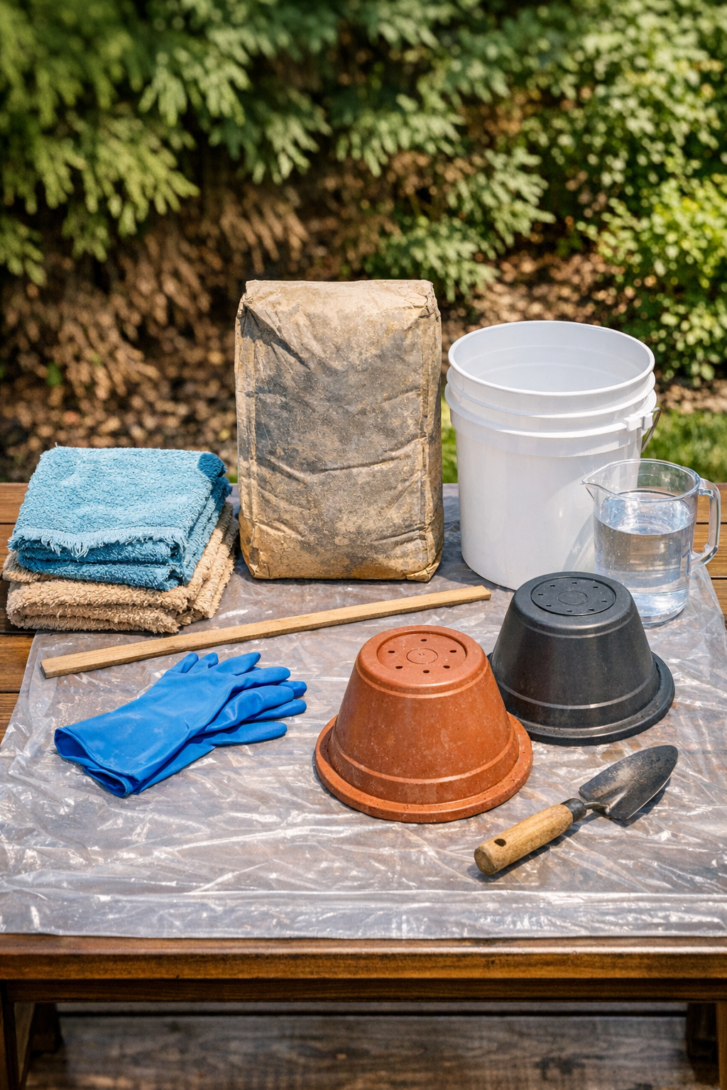Materials for making two faux stone yard structures laid out on a work surface