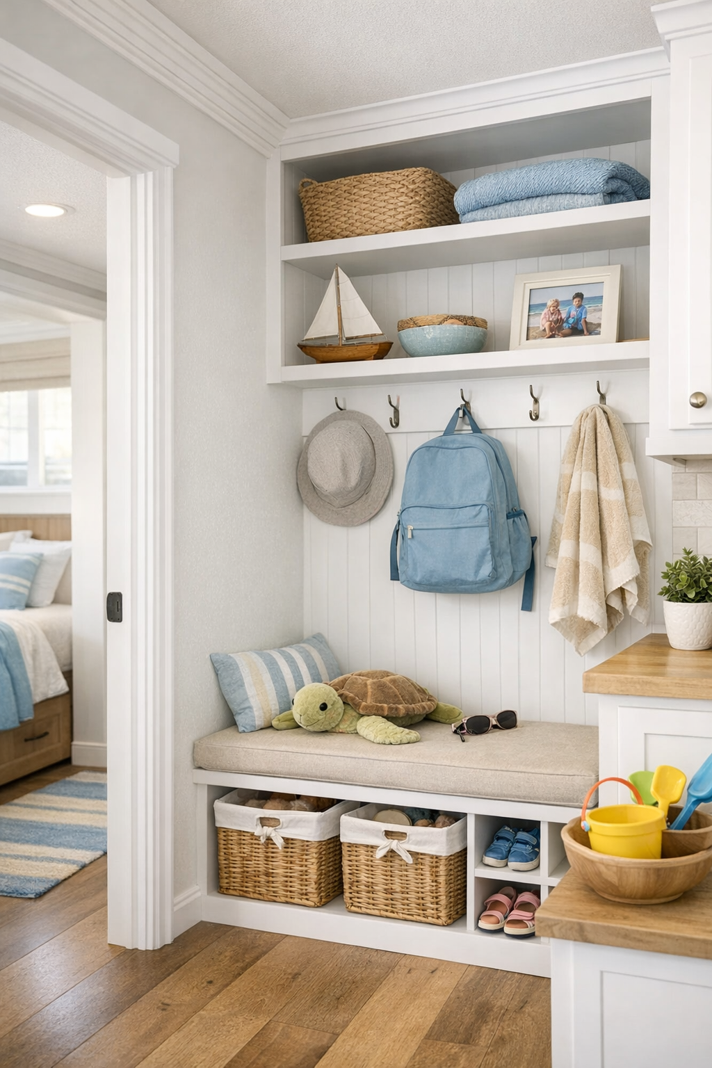 Thoughtful RV hallway and built-in storage area with coastal finishes and cozy nook
